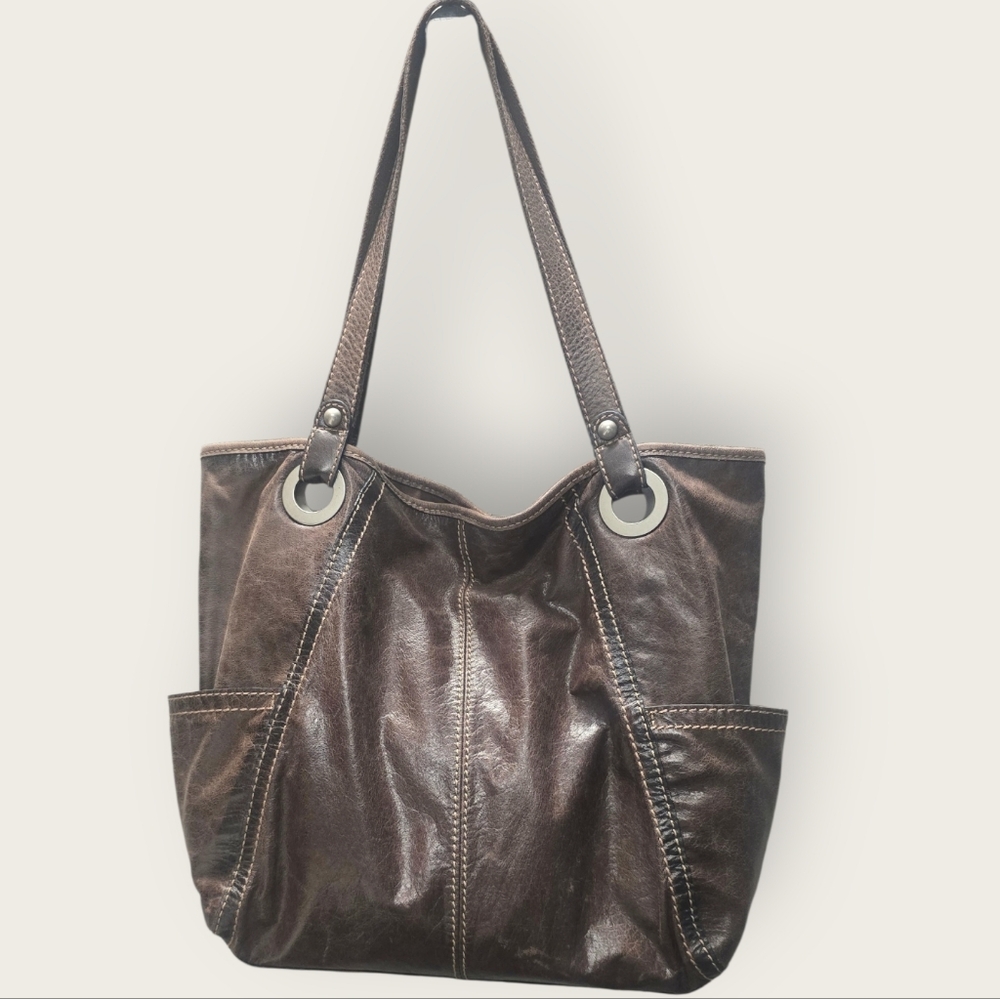 FOSSIL HATHAWAY Brown Glazed Leather Shopper Tote Shoulder Handbag Purse